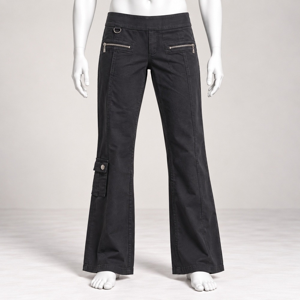 Guess Jeans Stretch Cargo Pants Womens 26 Black Y2K Flare Zipper Pockets 3209